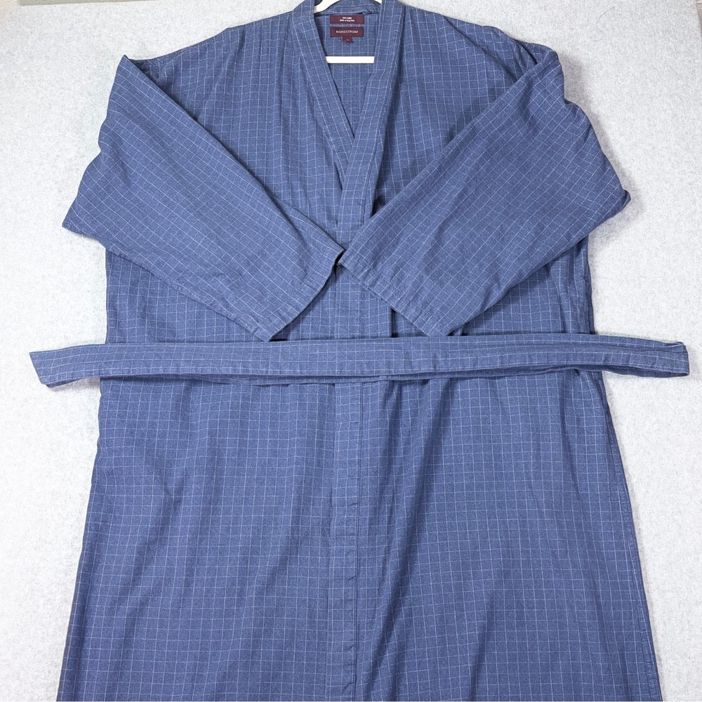 Nordstrom Mens Blue Windowpane Grid Cotton Wrap Robe Size King NO93428MN